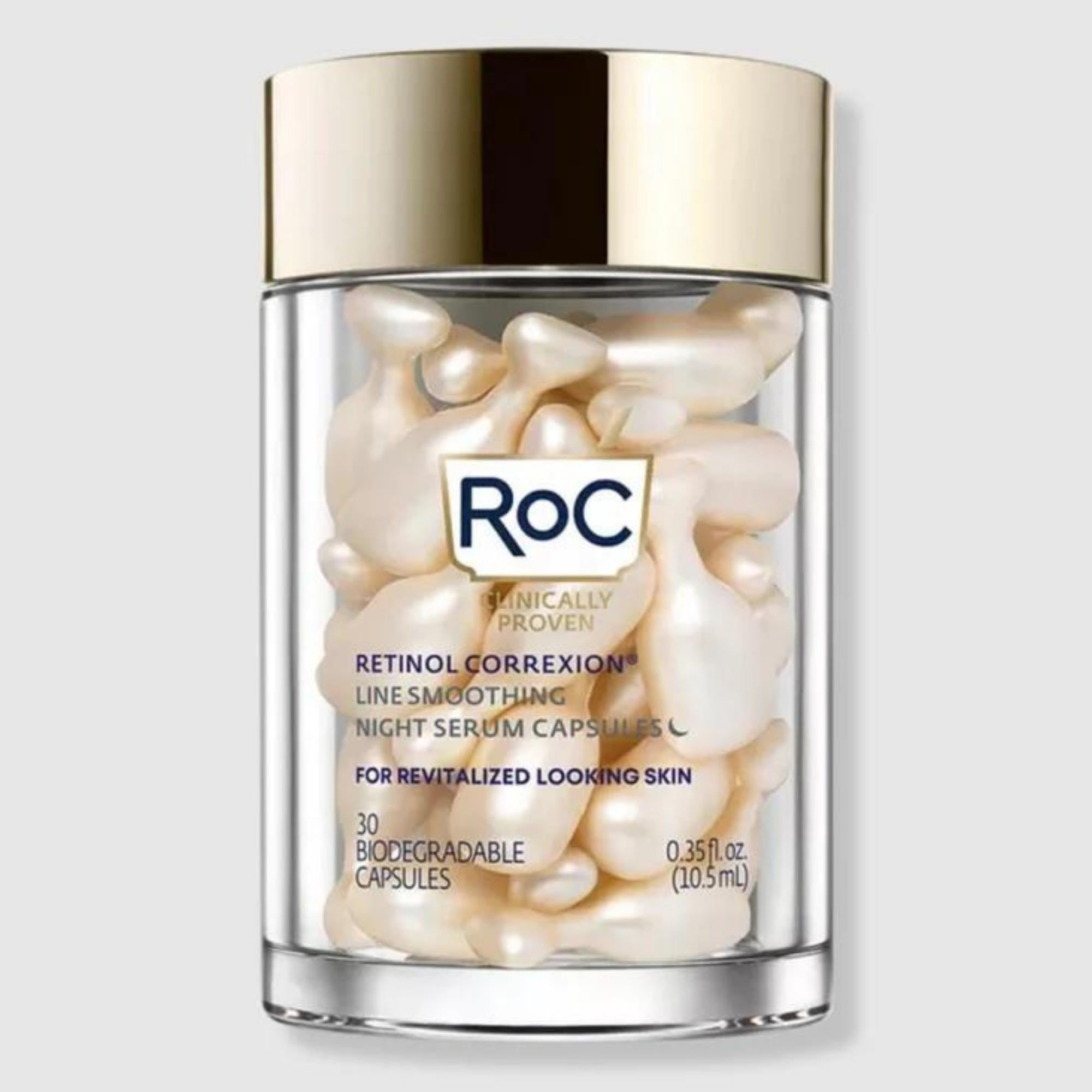 RoC Retinol Correxion Anti-Aging Wrinkle Night Serum, Daily Line Smoothing Skin Care Treatment for Fine Lines, Dark Spots, Post-Acne Scars, 30 Individual Capsules, Unscented, 0.35 Fl Oz