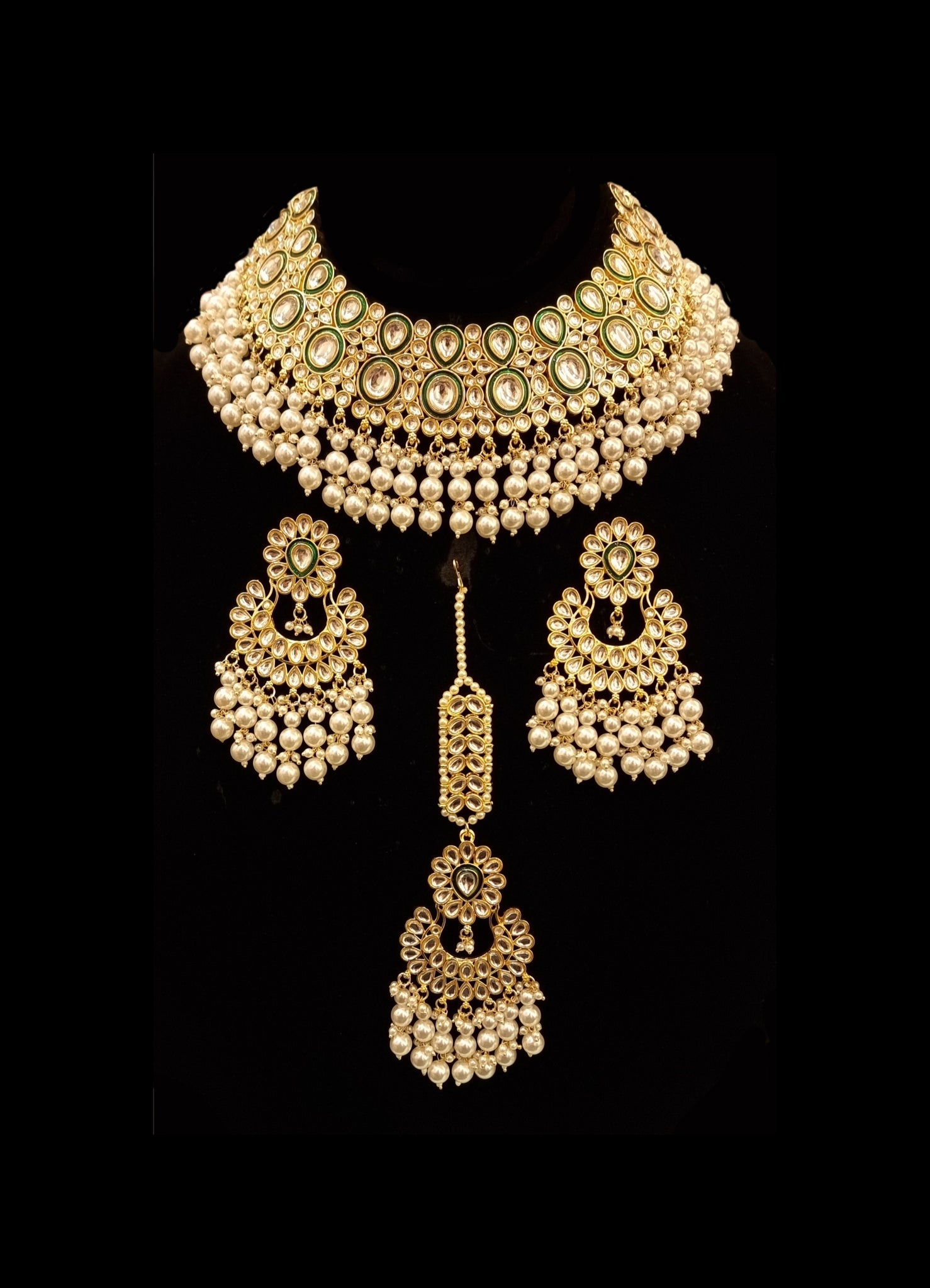 Designer Gold & White Polki Kundan With Pearl Tassels Jewellery Set.
