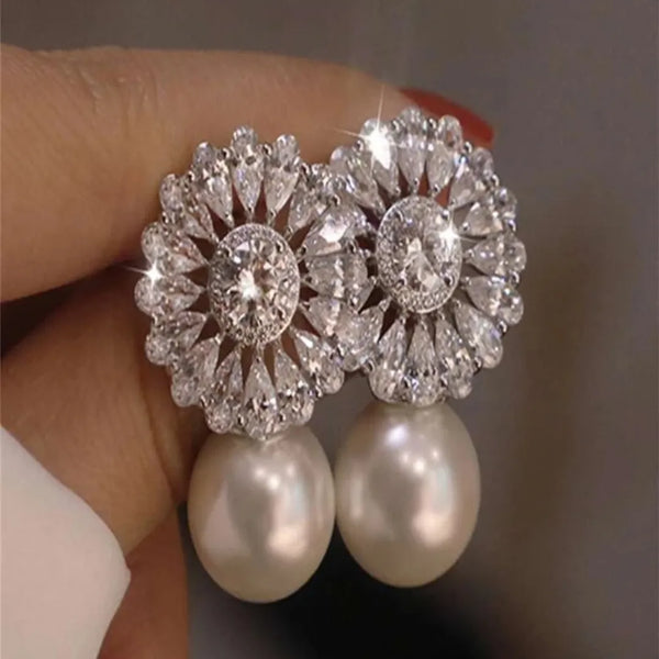 Cubic Zirconia Crystal With Pearl Drop Earrings.