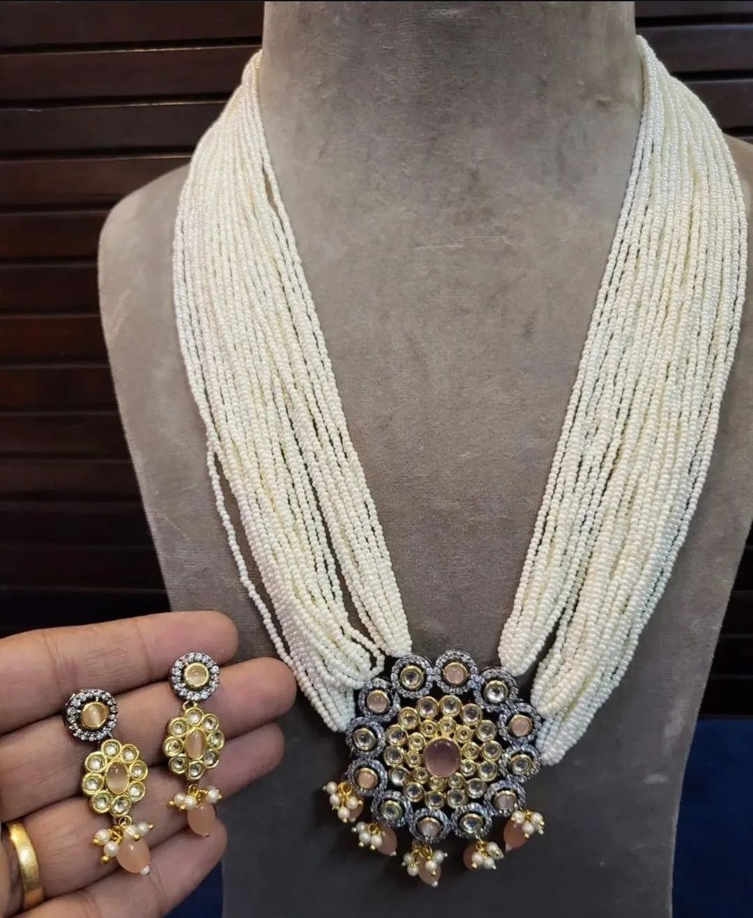 Zircon Beaded Work With Multi Layered Pearl Strands Set
