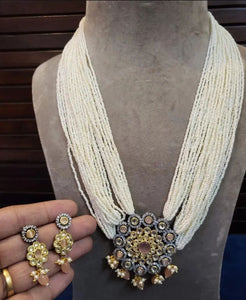 Zircon Beaded Work With Multi Layered Pearl Strands Set