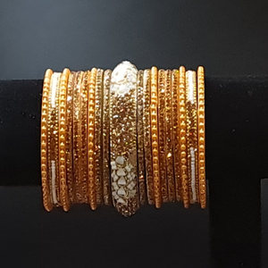 Traditional indian bollywood antique gold plated white and peach pearl kada bangles set