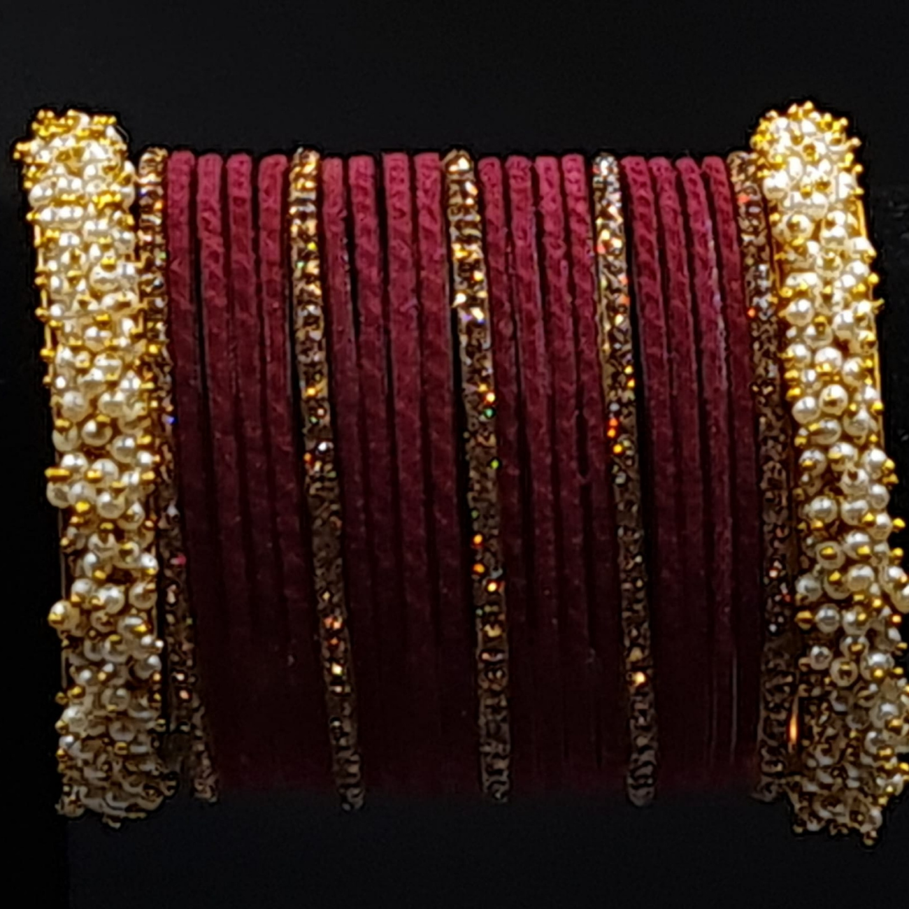 Traditional maroon velvet bangles set with pearl kangan