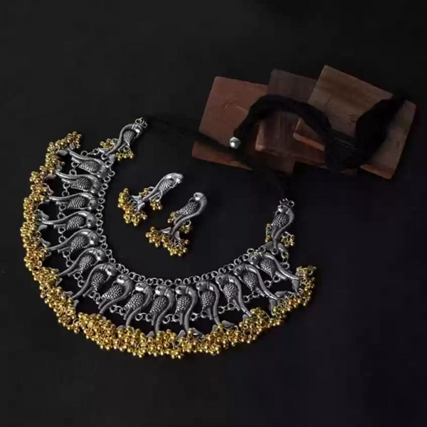 Trendia Peacock Design Choker Necklace with Golden Ghungroo Jhumkas