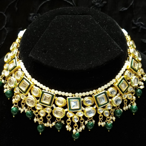 Enhanced with Kundan and Beads Alloy Based Necklace Set in Green and White
