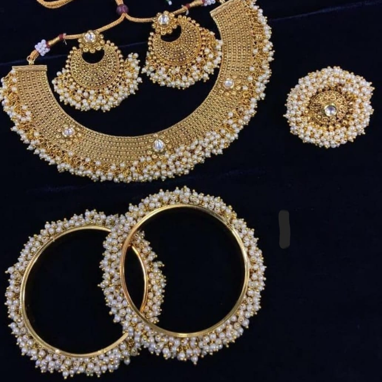 Designer Bridal Matt Gold With White Pearl Necklace, Earring & Bangles Combo