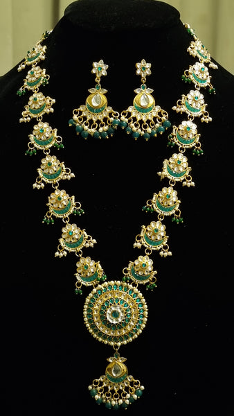 Golden and green  Traditional Designer Pacchi Kundan Long Necklace Set.