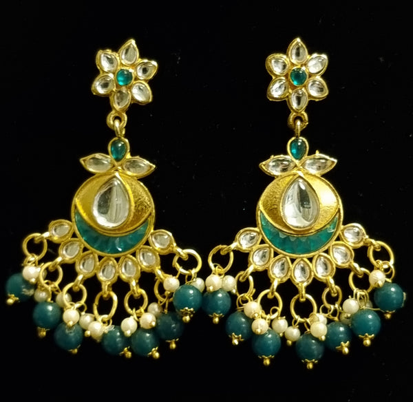 Golden and green  Traditional Designer Pacchi Kundan Long Necklace Set.
