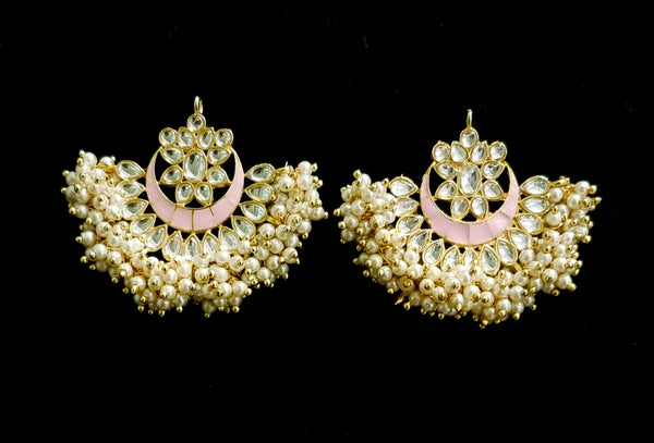 Hand painted kundan meenakari pearl chandbali earrings.