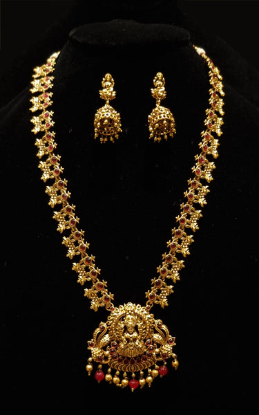 Handmade gold matte finish goddess temple mala with earrings.