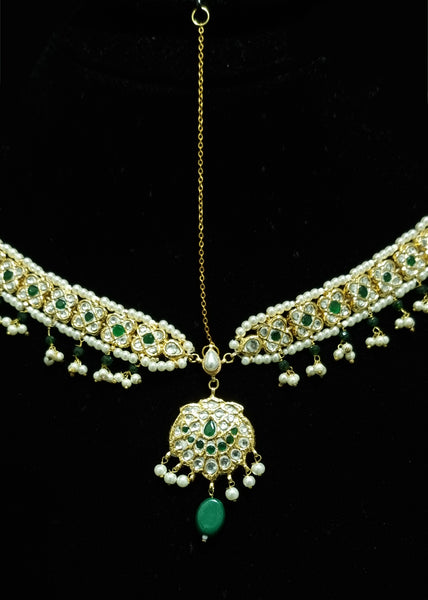 Gold-Plated White Kundan with Green Stones Matha-Patti