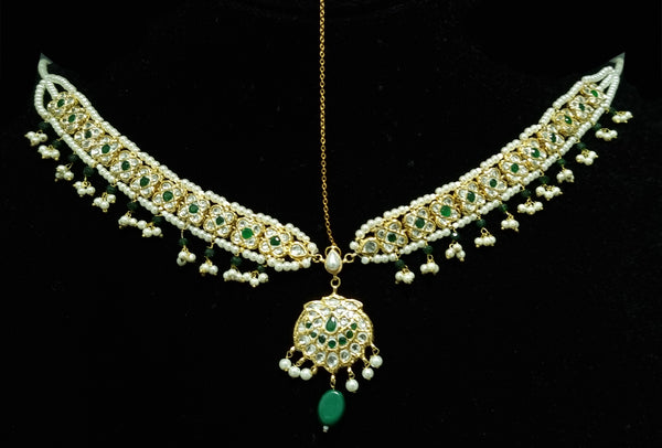 Gold-Plated White Kundan with Green Stones Matha-Patti