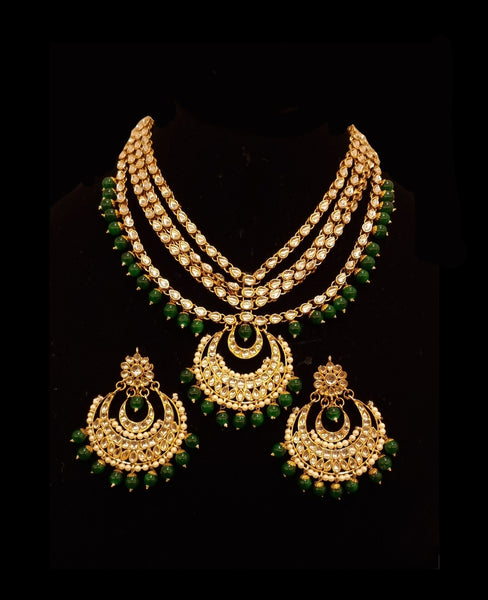 Pachi Kundan Emerald Green Layered Necklace Set.