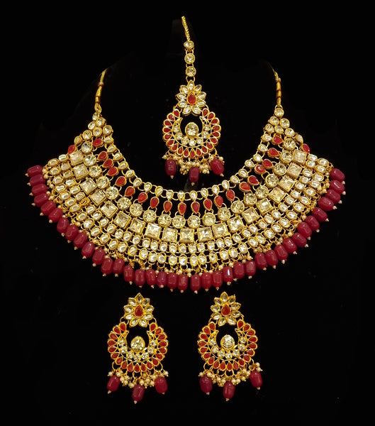 Semi-Bridal Gold Plated Kundan Choker With Earrings And Tikka