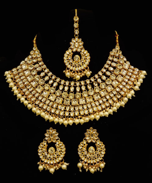 Semi-Bridal Gold Plated Kundan Choker With Earrings And Tikka