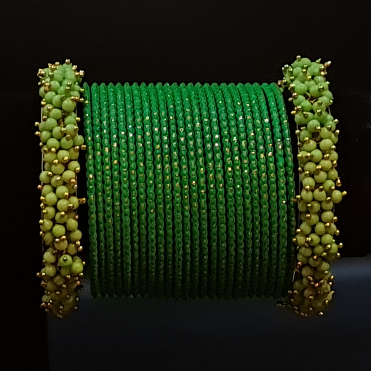Forest green bangles set with lime green beads cluster kadas