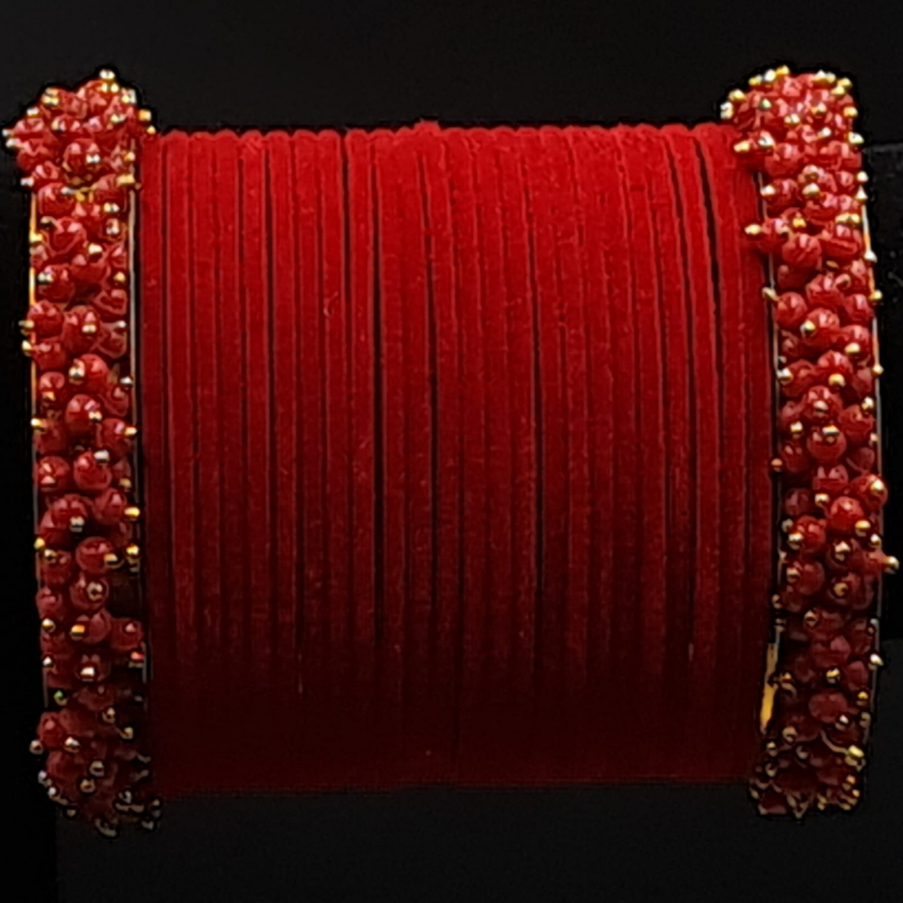 Red velvet bangles set with red pearl kadas