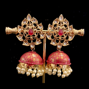 Hand crafted meenakari kundan jhumkas.