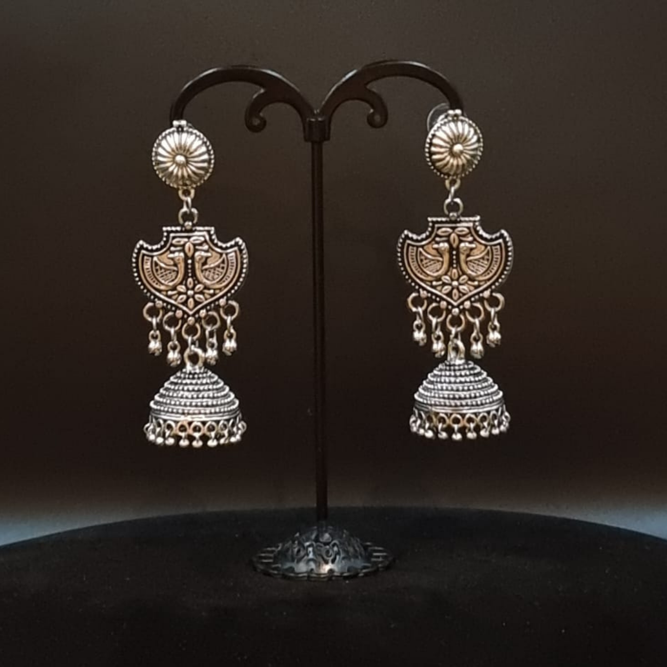 Oxidized long peacock jhumki earrings
