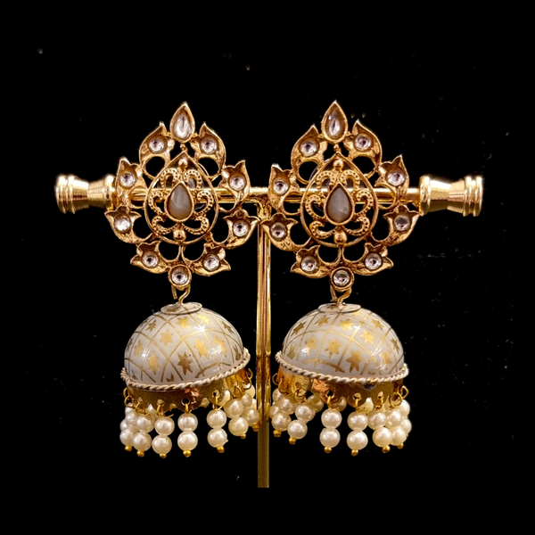 Hand crafted meenakari kundan jhumkas.