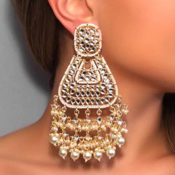 Golden white kundan & polki work statement earrings