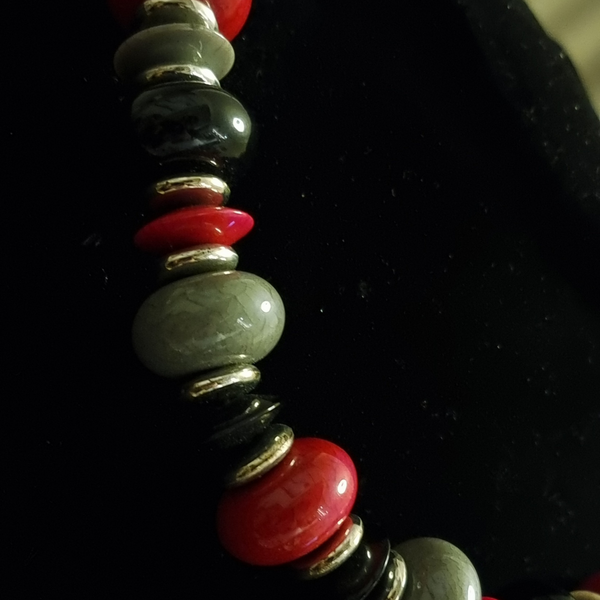 Vintage style red, black and silver wooden chunky beads necklace.
