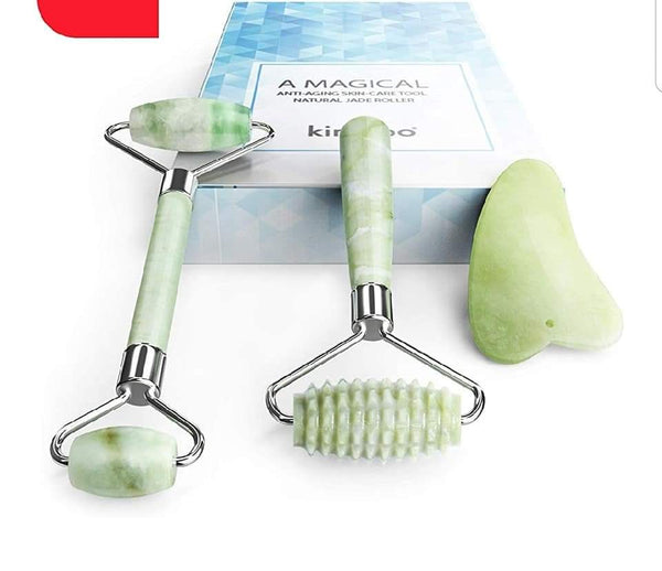 Kimkoo Jade Roller for Face-3 in 1 Kit with Facial Massager Tool,100% Real Natural Jade Stone Facial Roller Anti Aging,Face Beauty Set for Eye Anti-Wrinkle