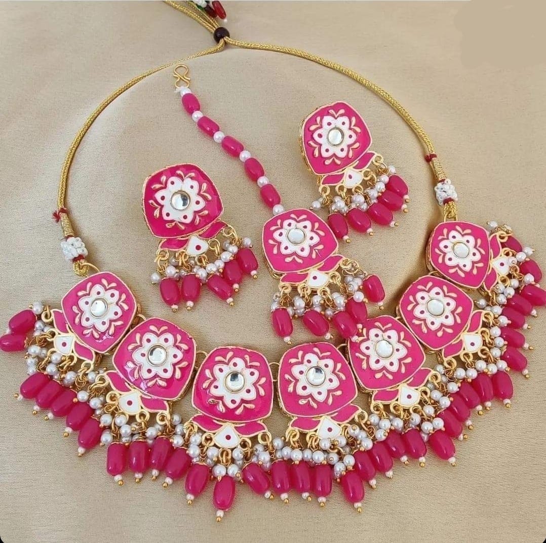 Traditional Bollywood Pink Handcrafted Meenakari Enamel  Necklace with Earrings Set