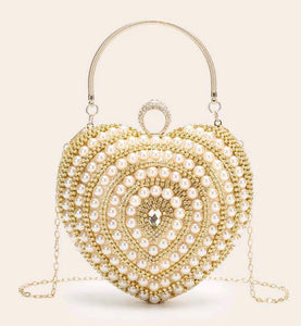 Faux pearl & rhinestone decor heart shaped bag.