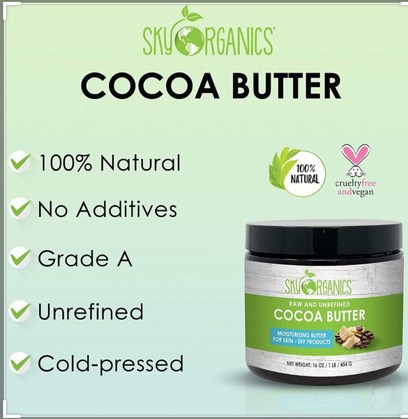 SKY ORGANICS Organic Unrefined Raw Cocoa Butter, 16 oz (454 g)