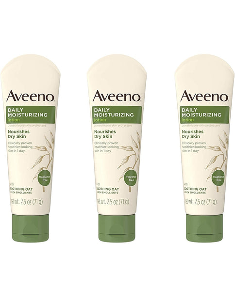 Aveeno Daily Moisturizing Body Lotion with Soothing Oat and Rich Emollients to Nourish Dry Skin, Fragrance-Free, 2.5 fl. oz