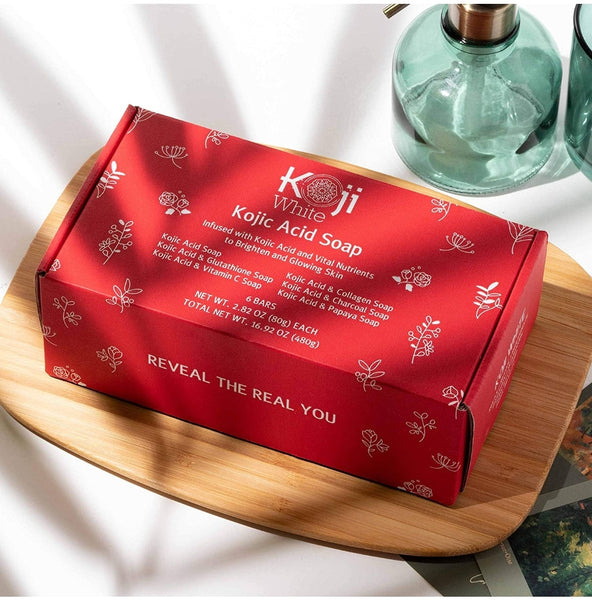 Koji White Kojic Acid Skin Brighten & Glowing Soap - Bath Women Gift Box Set 6 Bars - Papaya, Glutathione, Vitamin C, Collagen, Charcoal for Dark Sport, Hydrating, Cleansing Facial & Body 2.8 Oz each