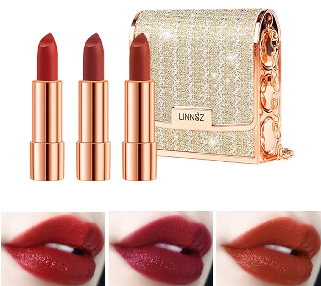 Gireatick Matte Lipstick Makeup Set for Woman, 3pcs Long Lasting Velvet Lipstick in One Glamour Chain Bag