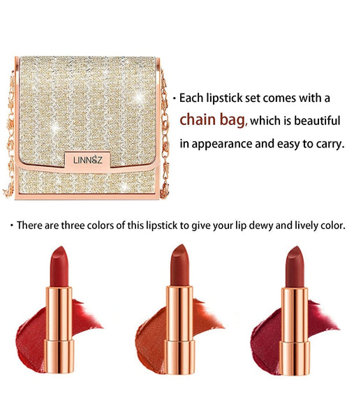 Gireatick Matte Lipstick Makeup Set for Woman, 3pcs Long Lasting Velvet Lipstick in One Glamour Chain Bag