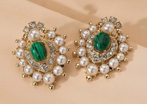 Faux Pearls & Emerald Stud Earrings.
