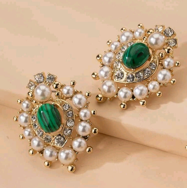 Faux Pearls & Emerald Stud Earrings.