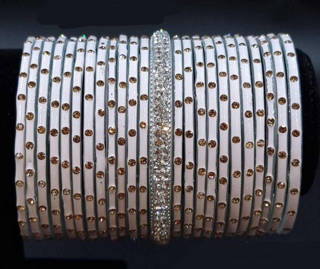 White glass bangles with AD stone kada.